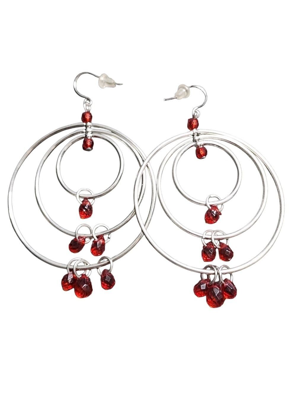 Silvertone Hoop Earrings with Red Beads